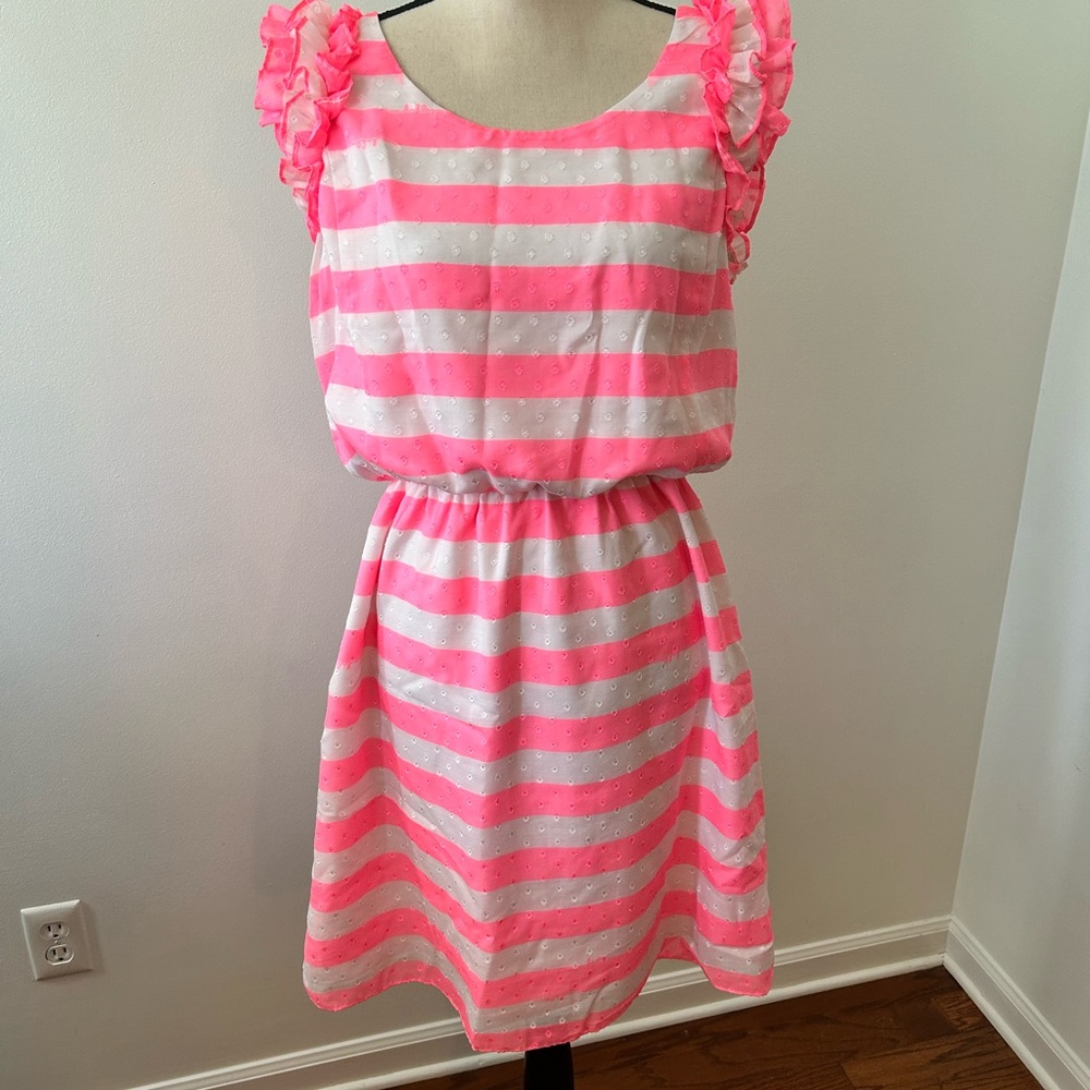 Pink and White Striped Ruffle Sleeve Dress
